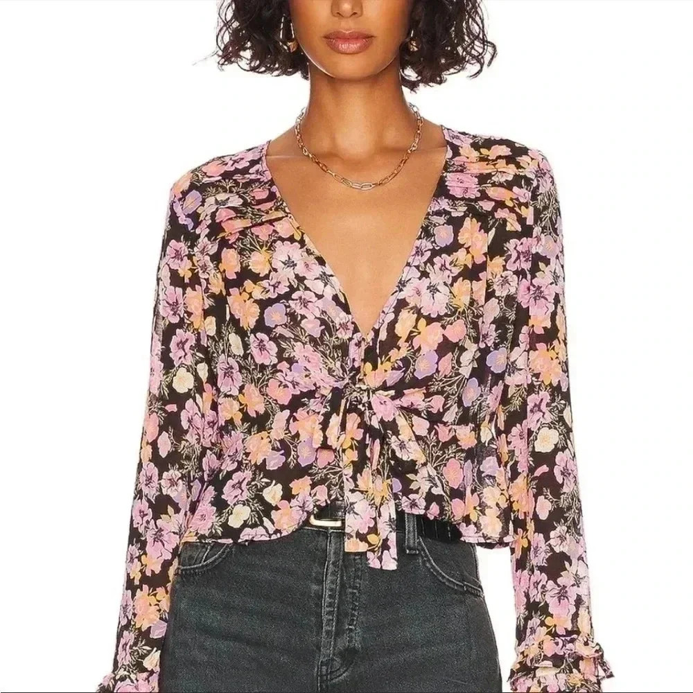 NWT Free People Maybel Blouse Top Black Combo Sz S